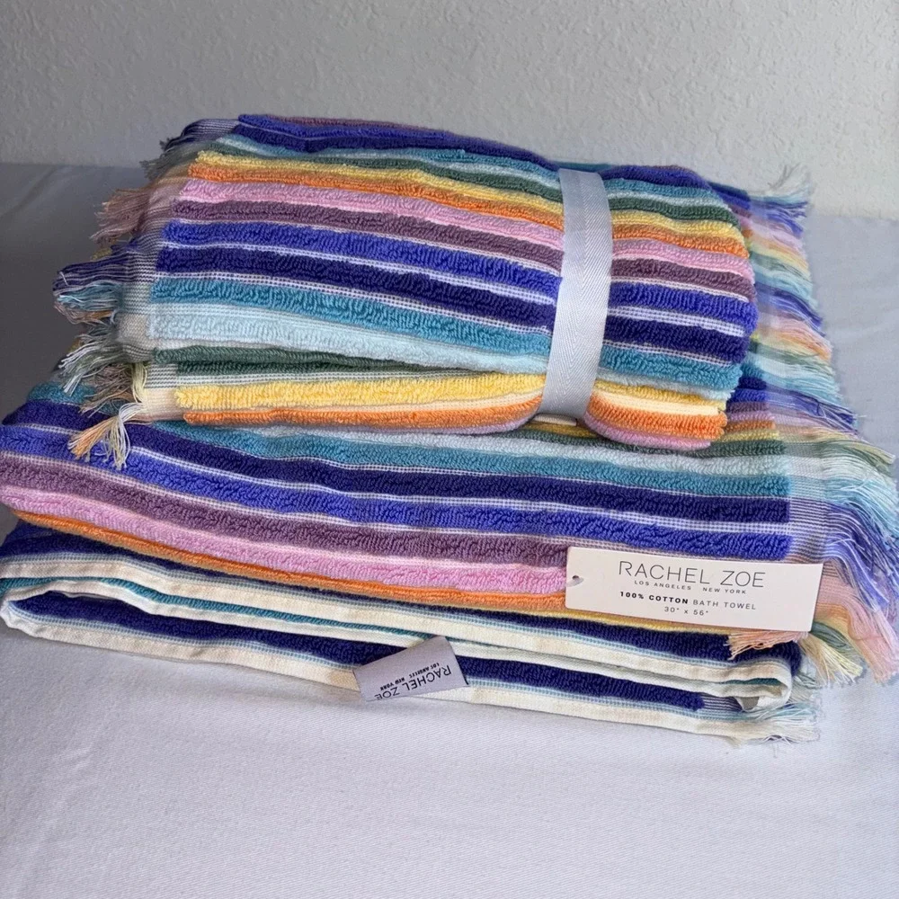 Rachel Zoe Bath Towel Set 30 x 56  Multicolor New Cotton Striped Fringe 4 piece